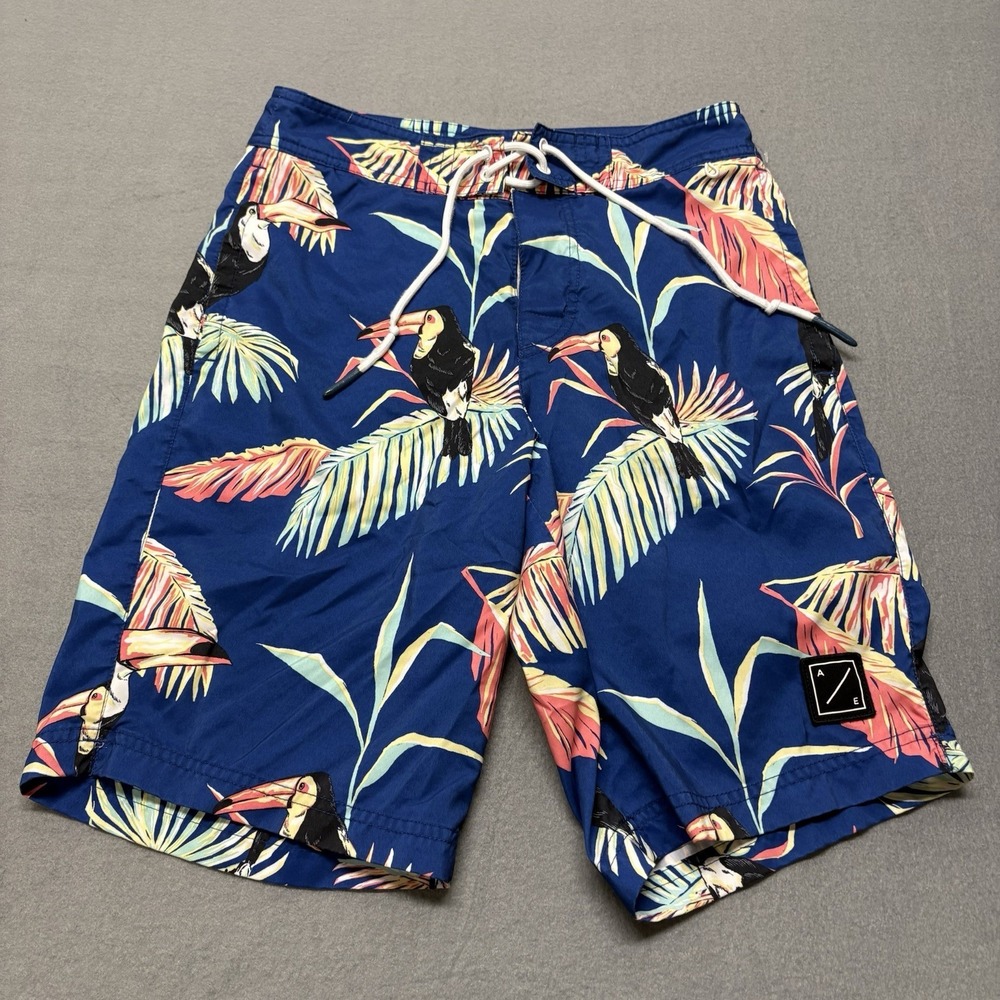 American Eagle Blue Tropical Tucan Print Tie Waist Swim Trunks Shorts Sz XS